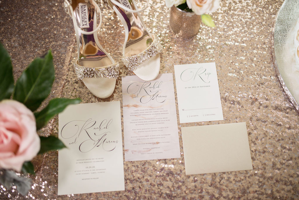 Elegant Modern Wedding Invitation Suite, Crystal Rhinestone Embellished Open Toe Strappy Ivory Wedding Shoes on Sparkle Gold Linen | Tampa Bay Wedding Photographer Kristen Marie Photography | Rentals Kate Ryan Event Rentals | Stationary A&P Designs