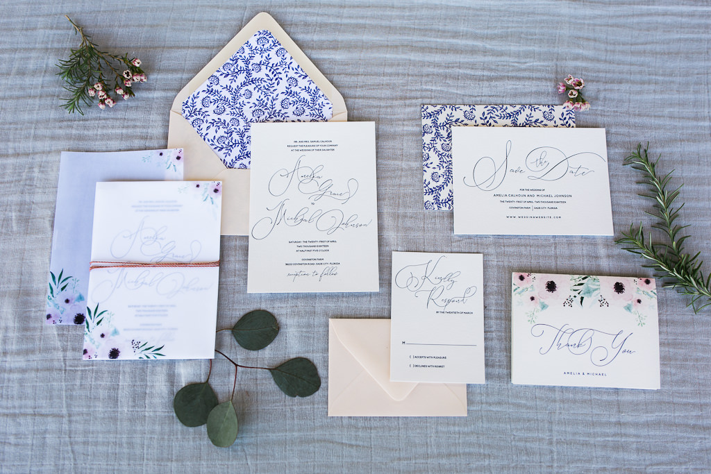 Vintage Inspired Blue and Floral Wedding Letterpress Invitation Suite | Tampa Bay Stationery A&P Design Co