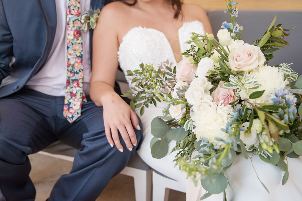 Bride and Groom Wedding Portrait, Bride with Wild Organic Greenery, Ivory, Blush Pink and Blue Floral Wedding Bouquet | Tampa Wedding Photographer Kristen Marie Photography