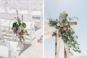 Outdoor Beach Wedding Ceremony Decor, Wooden Arch with White Linen Drapery, Greenery, White and Blush Pink Florals, White Wooden Folding Chairs, Floral Bouquets on Stands | Tampa Bay Photographer Kera Photography | St. Pete Beach Wedding Venue Tradewinds Island Resort | Rentals A Chair Affair