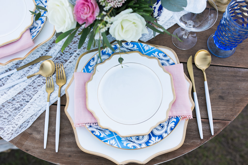 Vintage Inspired Wedding Reception Decor, Blue, White and Gold Antique China, Blush Pink Linen, Lace White Table Runner