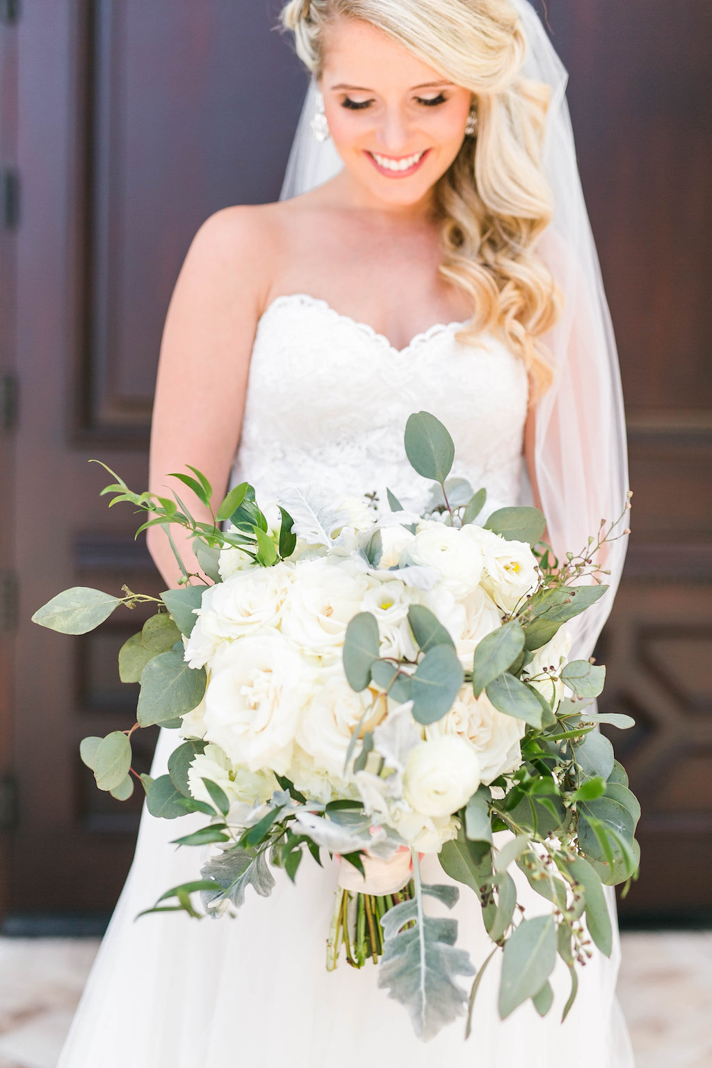 Bride Wedding Portrait in Strapless Sweetheart Lace A-Line Wedding Dress with Veil and Ivory White and Greenery Floral Bouquet | Tampa Bay Hair and Makeup Femme Akoi