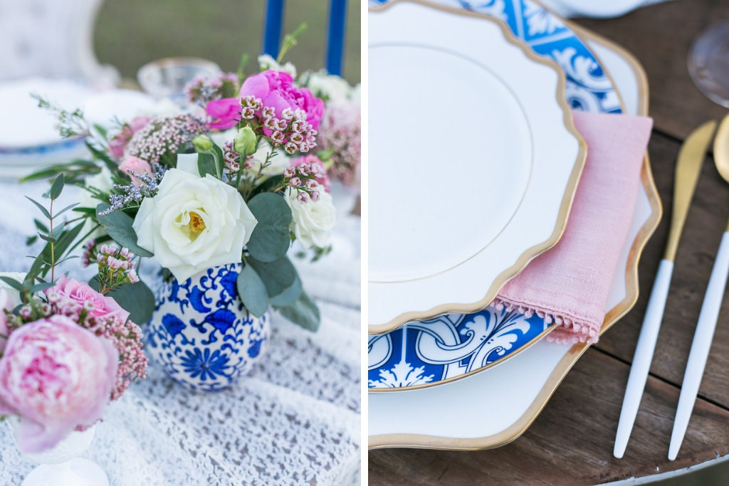 Vintage Inspired Wedding Reception Decor, Blue, White and Gold Antique China, Blush Pink Linen, Lace White Table Runner, Blue and White Vase with Pink and White Florals
