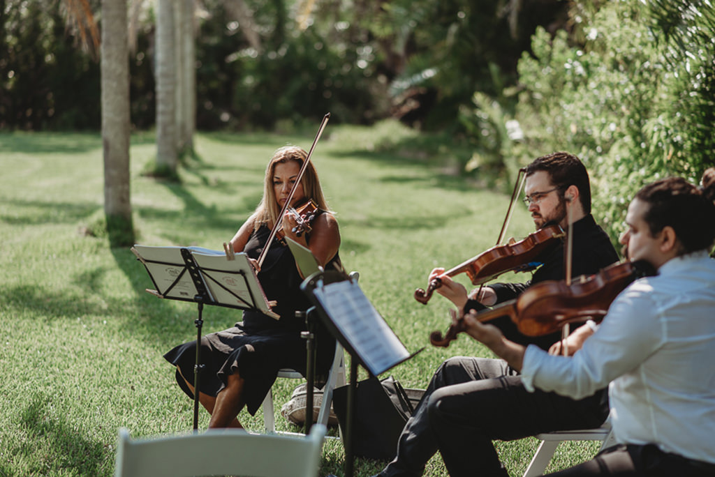 Outdoor Sarasota Garden Style Wedding Ceremony Live Musicians | Tampa Bay Live Violin Quartet Music Sunset Strings
