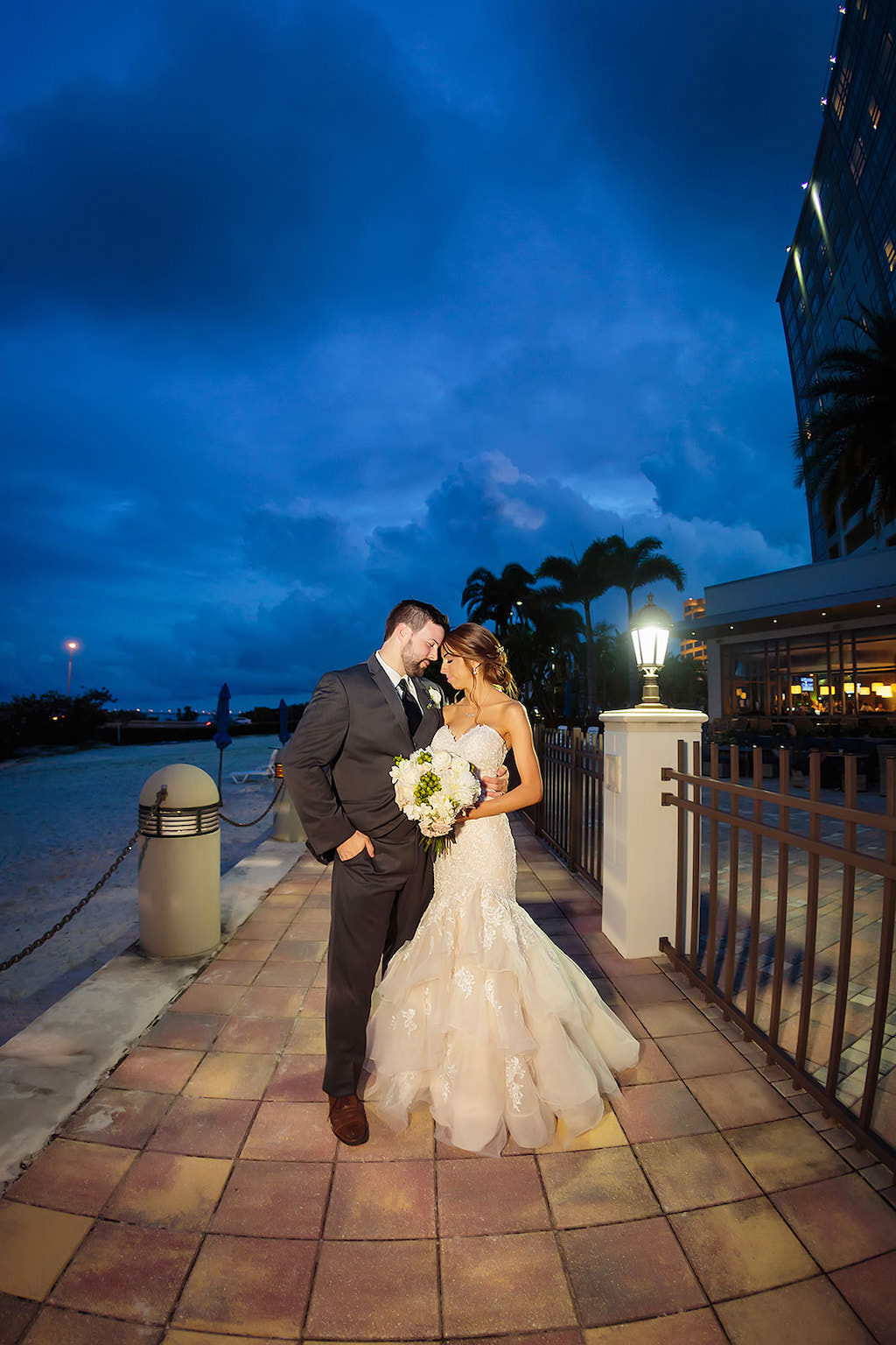 Nighttime Florida Outdoor Bride and Groom Wedding Portrait on Boardwalk | Tampa Bay Wedding Venue The Westin Tampa Bay | Destiny & Light Hair and Makeup Group
