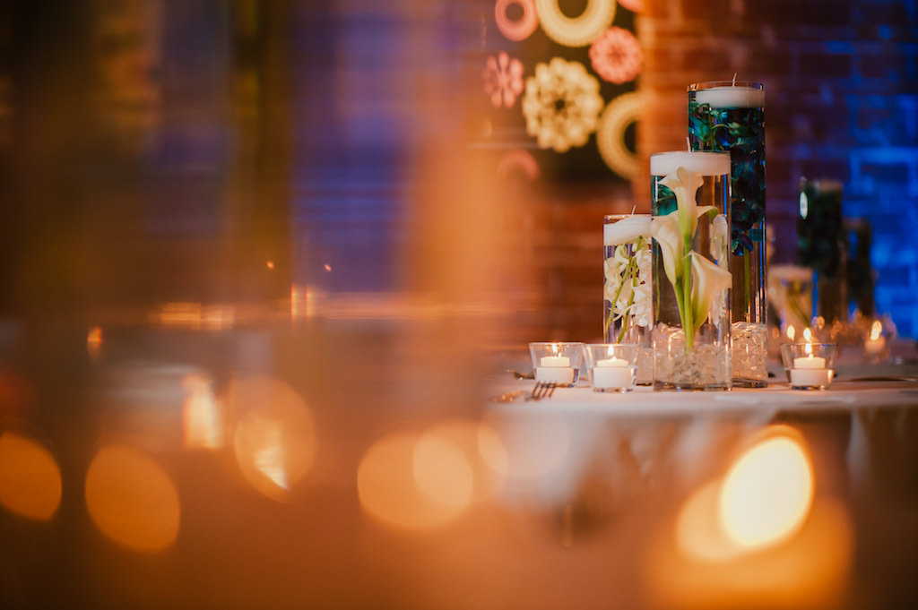 Wedding Reception Decor, Tall Glass Cylinders with White Tulips and Floating Candles