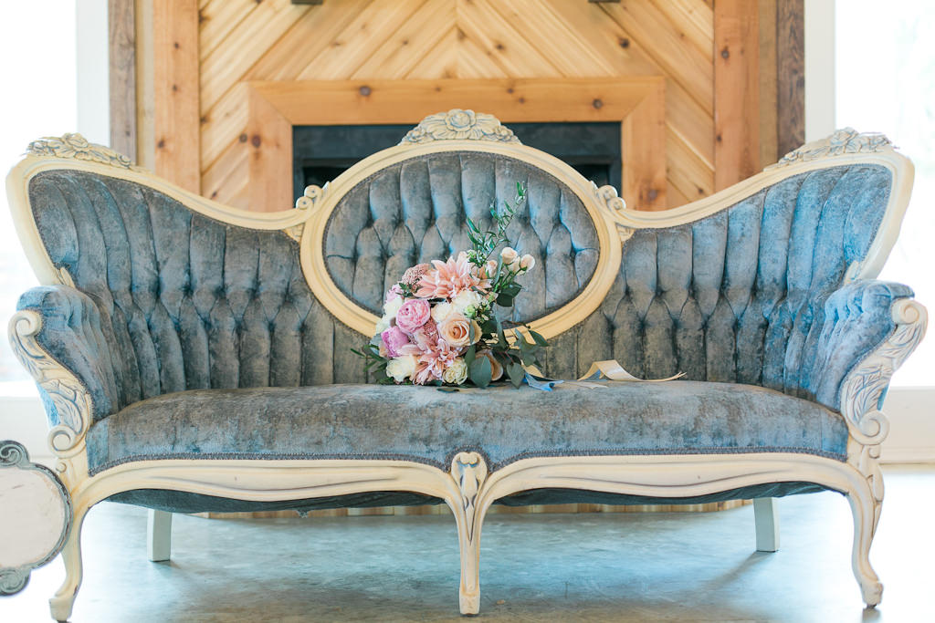 Antique Vintage Velvet and White Wood Frame Couch with Pink, Ivory and Greenery Floral Bouquet