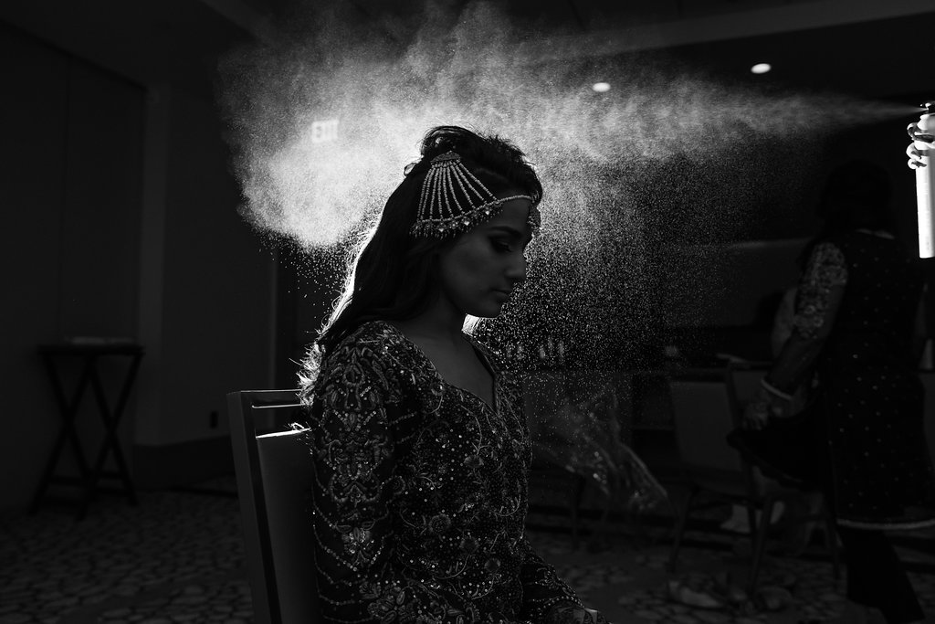 Creative Black and White Bride Getting Ready Portrait in Traditional Indian Headpiece and Sari