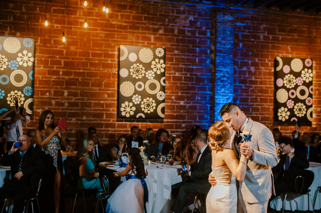 Bride and Groom First Dance Wedding Reception Portrait | Industrial Brick Wall Tampa Bay Wedding Venue NOVA 535