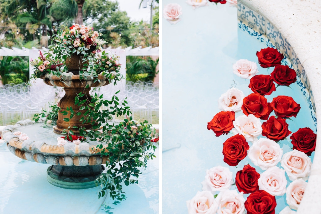 Elegant Outdoor Courtyard Wedding Ceremony Decor, Blush Pink, Dusty Rose, Red and Greenery Cascading Florals on Fountain, Red and Blush Pink Roses Floating in Fountain | Tampa Bay Wedding Planner Parties A'la Carte | St. Petersburg Hotel Wedding Venue The Vinoy Renaissance
