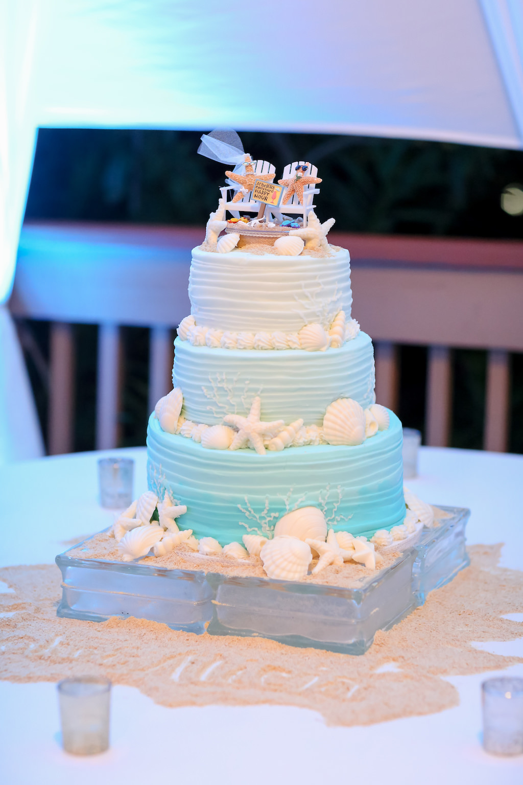 Beach Inspired Three Tier White and Blue Ombre Wedding Cake with Seashell Decor, Starfish Wedding Cake Toppers | Tampa Bay Wedding Photographer Lifelong Photography Studios