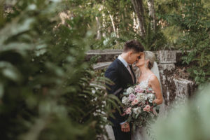 Creative Outdoor Garden Bride and Groom Wedding Portrait, Bride with Organic Blush Pink, Dusty Pink, Ivory and Greenery Floral Bouquet