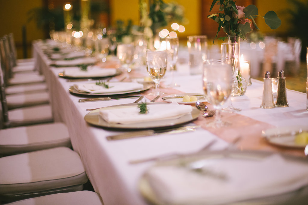 Ballroom Wedding Reception Decor, Long Feasting Table with Gold Chargers, White Linen, Blush Pink Table Runner | Tampa Bay Photographer Kera Photography | Rentals A Chair Affair