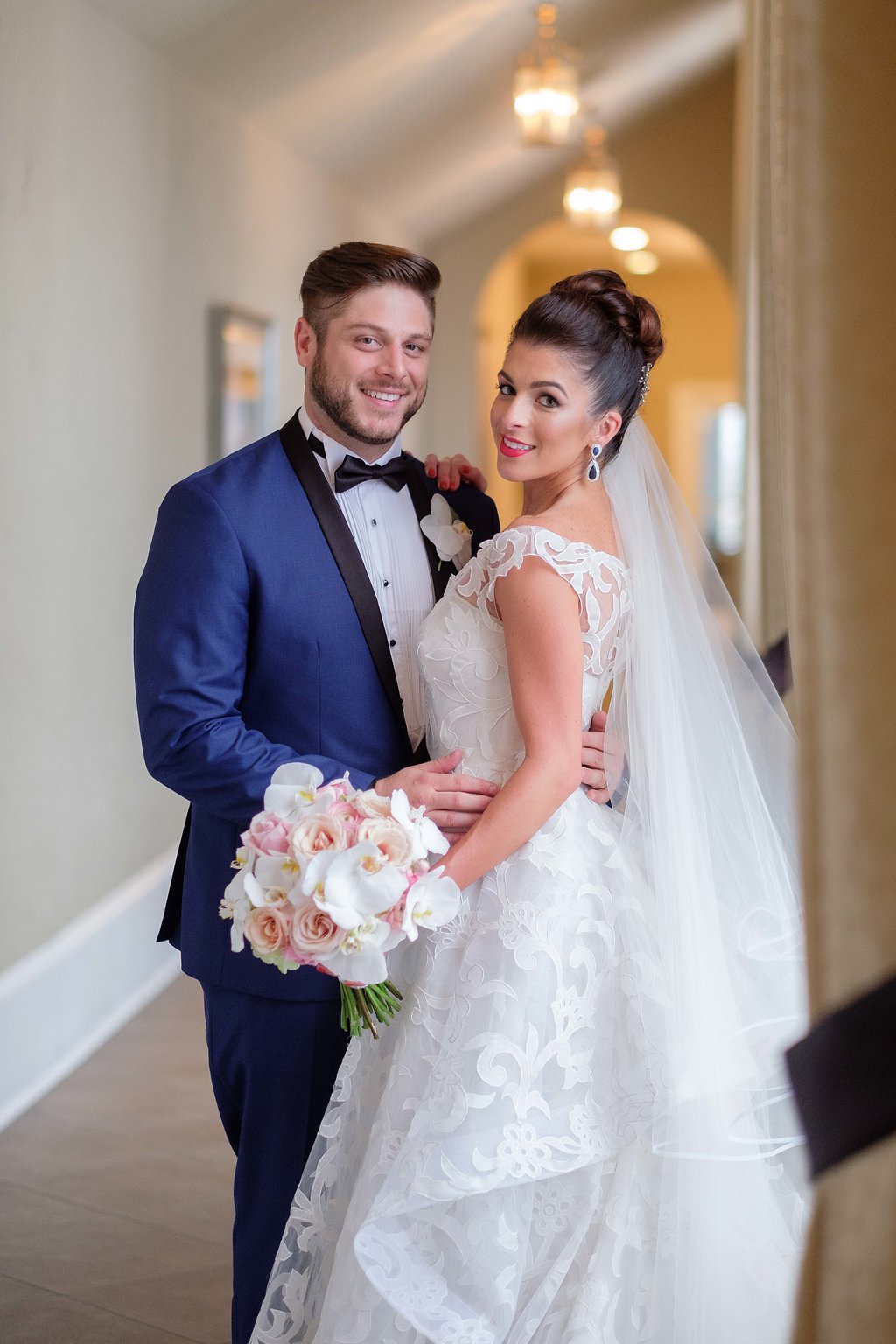 Bride and Groom Wedding Day Portrait | Oscar de la Renta Wedding Dress with Ivory and Pink Bouquet | Tampa Bay Wedding Photographer Marc Edwards Photographs
