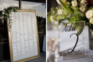 Elegant, Modern Wedding Reception Decor, Seating Chart on Tall Gold Frame and Greenery Bouquet, Clear Acrylic and Black Script Font Table Number | Tampa Bay Photographer Cat Pennenga Photography | Sarasota Wedding Planner NK Productions