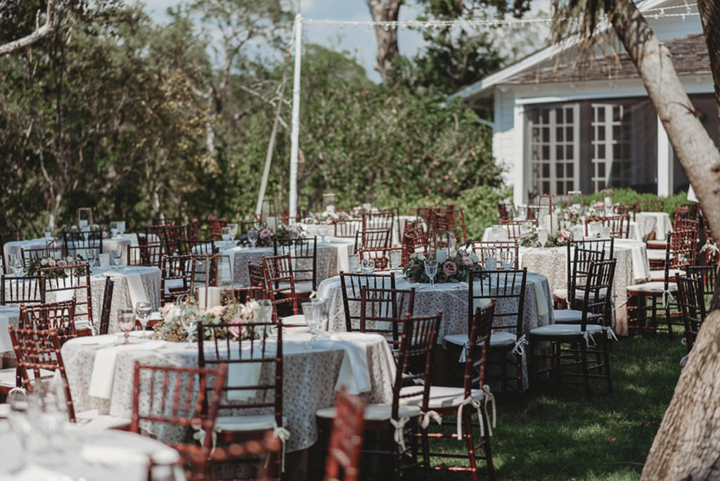 Garden Outdoor Wedding Reception Decor, Round Tables, Mahogany Wooden Chiavari Chairs, Lace Tablecloth, Low Organic Greenery and Blush Pink Floral Centerpieces | Sarasota Wedding Venue Historic Spanish Point