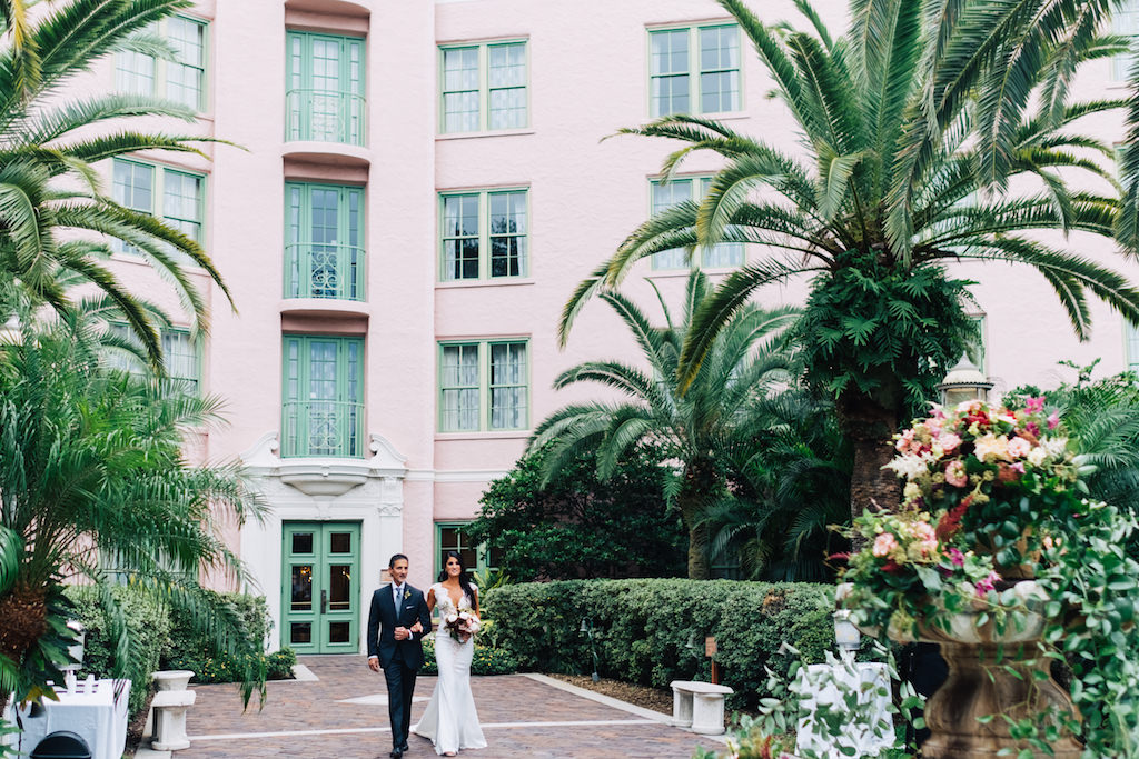 Bride and Father of the Bride Walking Down the Aisle, Outdoor Hotel Courtyard Wedding Ceremony Portrait | Tampa Bay Wedding Planner Parties A'la Carte | St. Petersburg Wedding Venue The Vinoy Renaissance