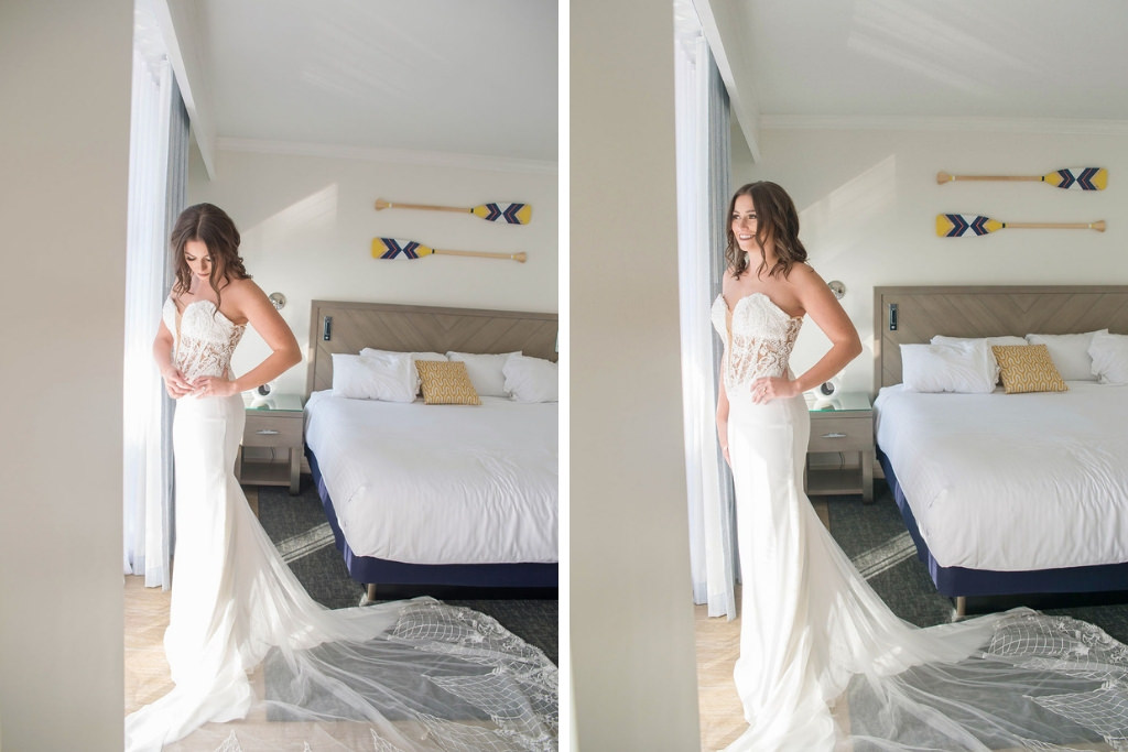 Bride Getting Ready Portrait in Strapless Illusion Lace Bodice Wedding Dress with Tulle Train | Tampa Wedding Photographer Kristen Marie Photography | Tampa Wedding Shop Truly Forever Bridal | Hair and Makeup Michele Renee the Studio