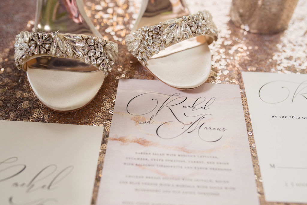 Elegant Modern Wedding Invitation Suite, Crystal Rhinestone Embellished Open Toe Strappy Ivory Wedding Shoes on Sparkle Gold Linen | Tampa Bay Wedding Photographer Kristen Marie Photography | Rentals Kate Ryan Event Rentals | Stationary A&P Designs