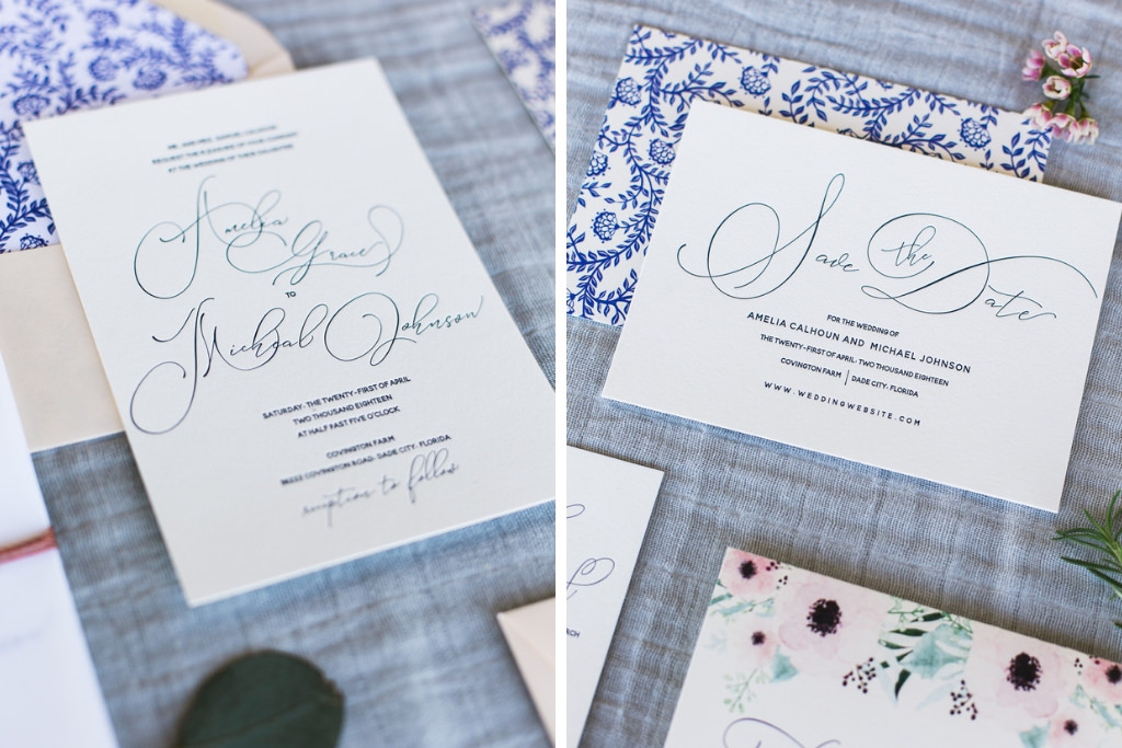 Vintage Inspired Blue and Floral Letterpress Wedding Invitation Suite | Tampa Bay Stationery A&P Design Co