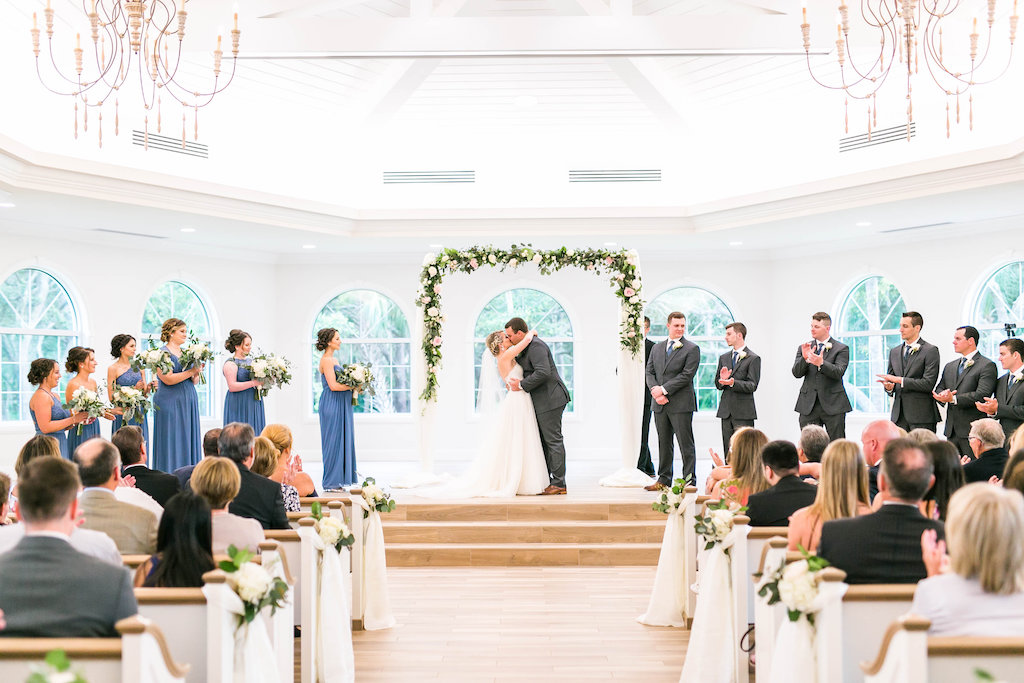 Bride and Groom Wedding Ceremony First Kiss Portrait | Clearwater Wedding Ceremony Venue Harborside Chapel