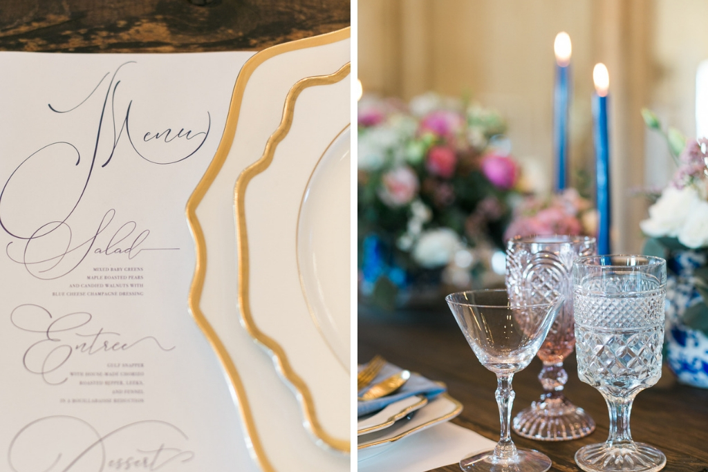 Vintage Elegant Wedding Reception Decor, Gold Rimmed China Plates, Custom Menu Placemat, Antique Crystal Glasses, Blue Candlesticks | Tampa Bay Wedding Stationary A&P Design Co