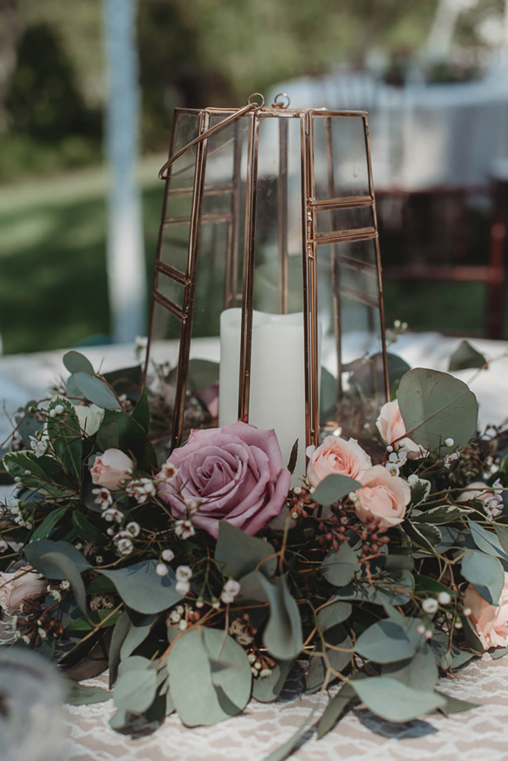 Garden Inspired Wedding Reception Decor, Glass Geometric Vase with Candle, Dusty Pink, Blush Pink and Greenery Floral Centerpiece