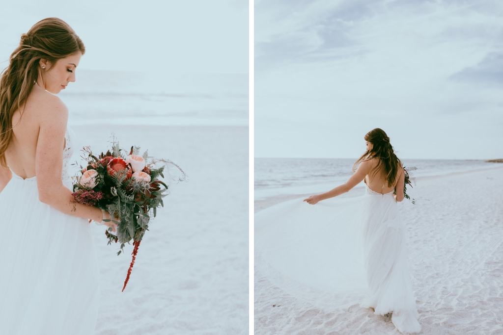 Beach Waterfront Bride Wedding Portrait with Wild Organic Red, Burgundy, Blush Pink and Greenery Floral Bouquet, Bride in Chiffon and Lowback Wedding Dress | St. Petersburg Wedding Venue Postcard Inn on the Beach