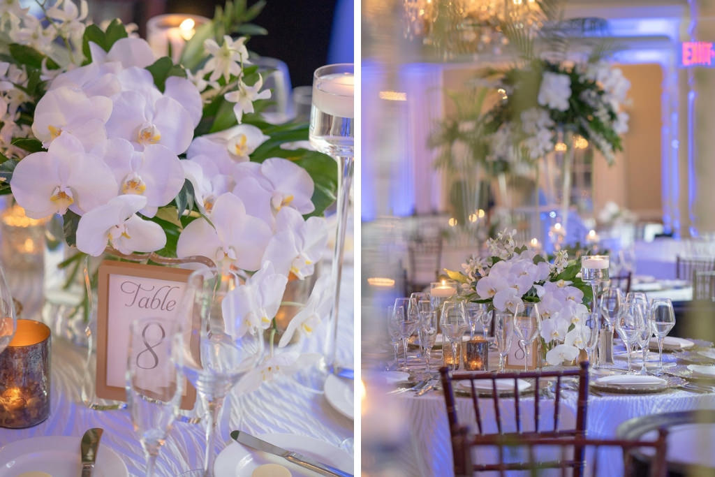 Florida Inspired Wedding Reception Table Decor | Tropical Inspired Wedding Reception Centerpieces with White Orchids and Palm Leaves with Table Number Frames