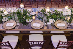 St. Pete Wedding Reception Tablescape | Brown Chiavari Chairs and Gold Charger Plates with Custom Monogram Napkins