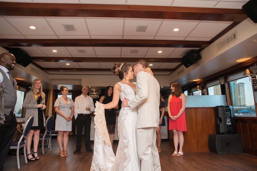 Bride and Groom First Dance Wedding Reception Portrait | Tampa Bay Wedding Photographer Kristen Marie Photography | Tampa Waterfront Wedding Venue Yacht Starship II