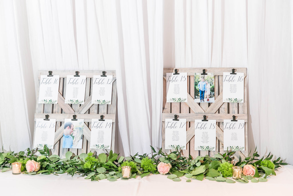 Wedding Reception Seating Chart on Wooden Panels with Garden Inspired Seating Charts, Greenery and Blush Pink Roses | Tampa Bay Stationary Sarah Bubar Designs