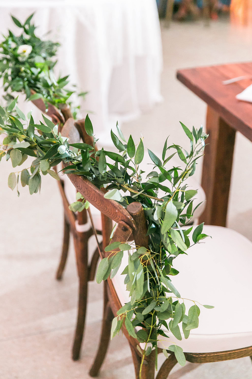 Wedding Reception Decor, Wooden Chiavari Chairs with White Linen Cushions and Greenery Garland | Tampa Bay Rentals A Chair Affair