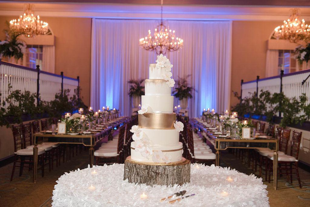Six Tiered Modern, White and Gold Simple Wedding Cake with White Orchid Sugar Flowers by St. Pete Wedding Cake Artist The Artistic Whisk | Wedding Reception Decor Detail at The Don Cesar