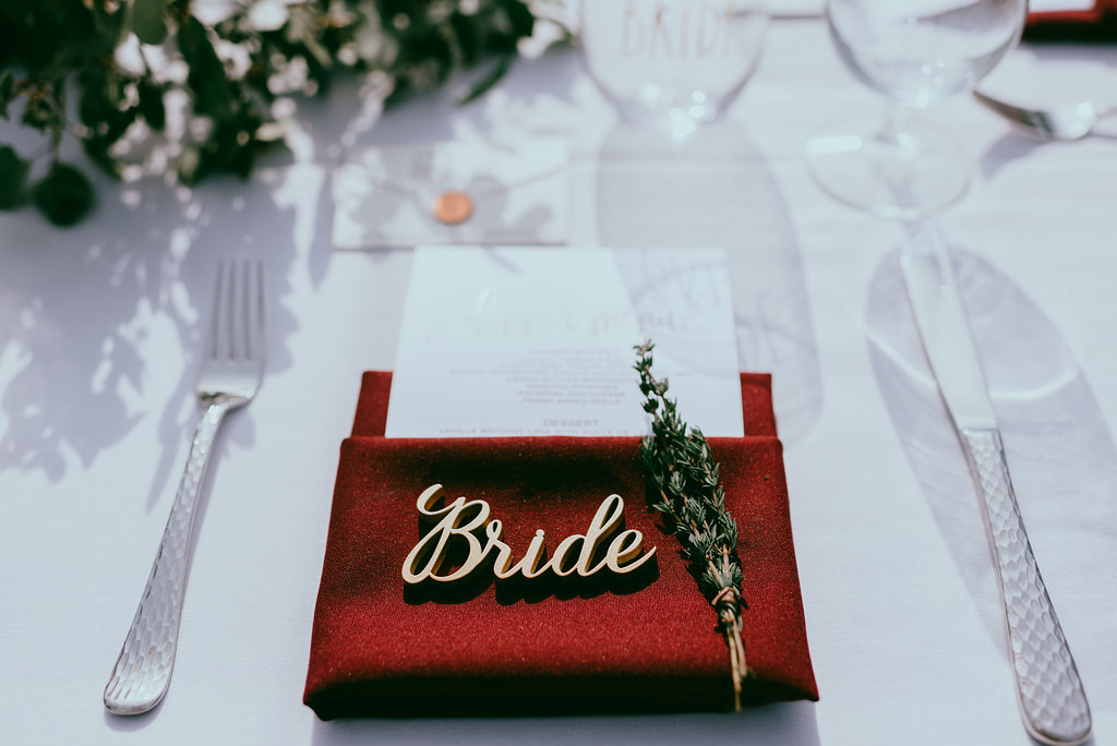 Wedding Reception Decor, Burgundy Linen with Wood Lasercut Name Sign and Menu