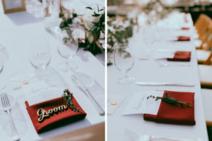 Garden Wedding Reception Decor, Burgundy Linen with Wood Lasercut Name Sign and Menu
