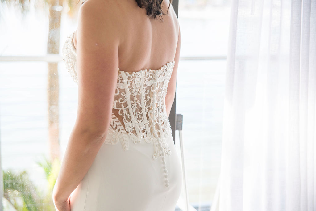 Bride Getting Ready Portrait in Strapless Illusion Lace Bodice Back Wedding Dress | Tampa Wedding Photographer Kristen Marie Photography | Tampa Wedding Shop Truly Forever Bridal