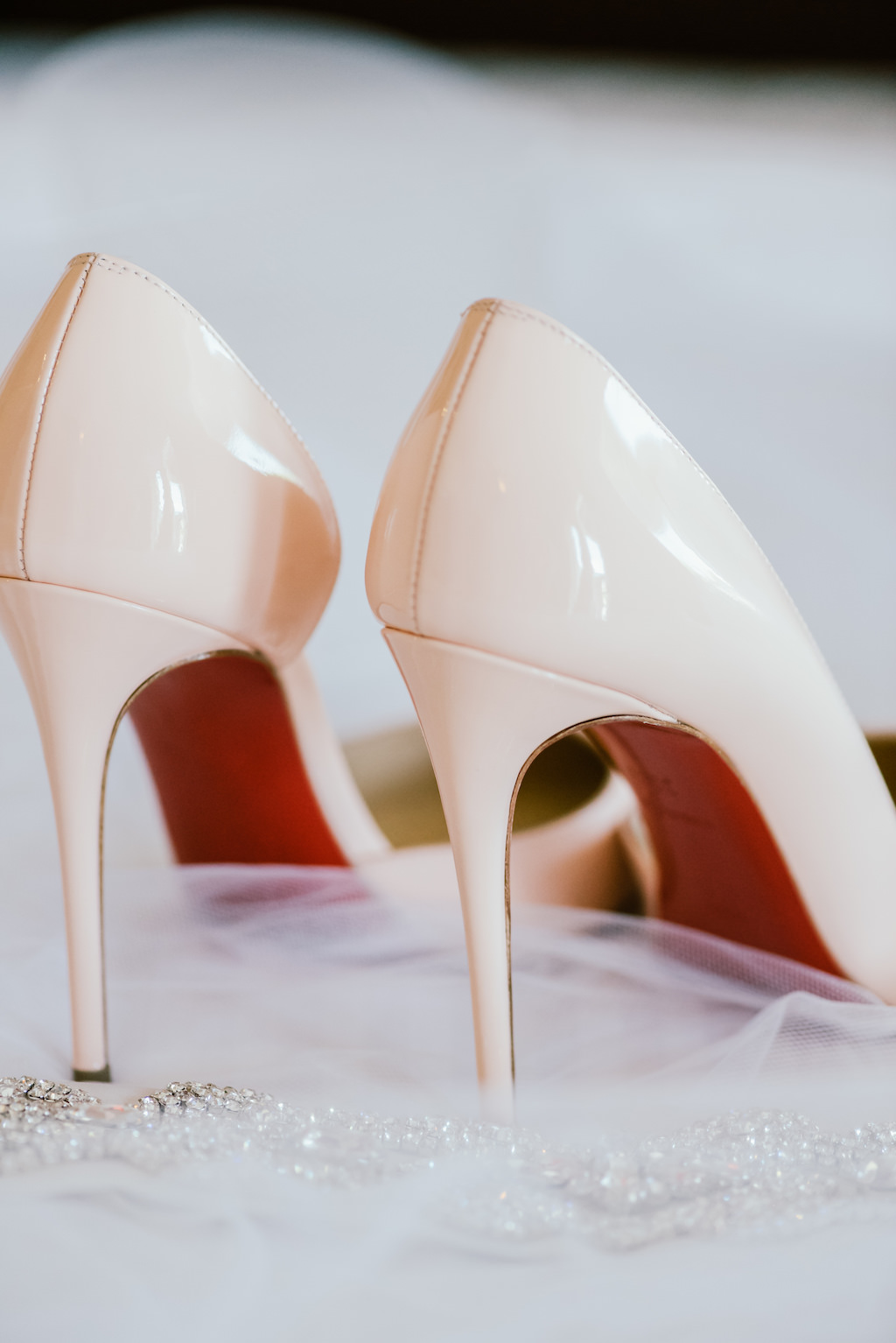 Off White Red Bottom Wedding Shoes and Rhinestone Garter