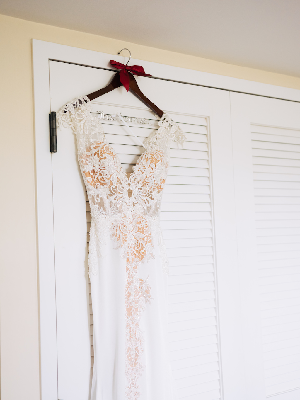 White Lace Bodice Cap Sleeve and Deep V Neck Fitted Wedding Dress with Nude Lining on Custom Personalized Wooden Hanger