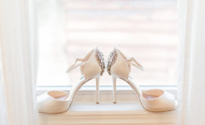 Ivory Badgley Mischka Peep Toe Strappy Wedding Shoes with Rhinestone Brooch