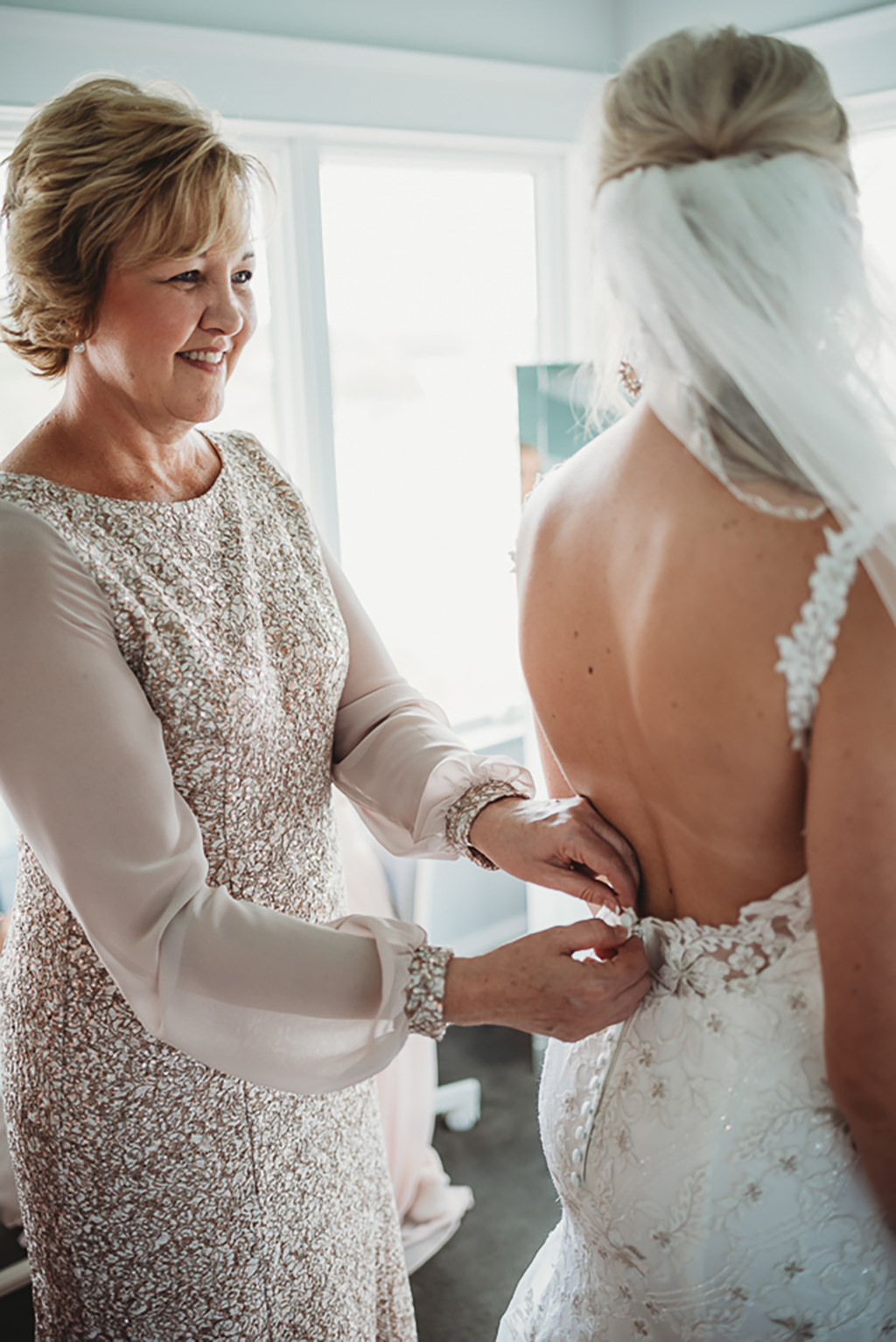 Bride and Mother Getting Ready Wedding Portrait, Bride in Low Back Floral Lace Embellished and Rhinestone Wedding Dress | Tampa Bay Wedding Dress Shop Truly Forever Bridal