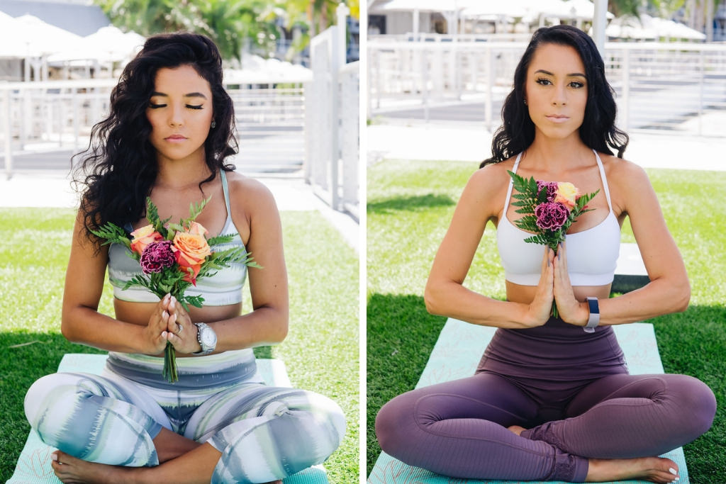 Tampa Bay Bachelorette Party Doing Yoga Outside on Lawn of Hotel with Purple, Peach and Greenery Floral Bouquets | Tampa Bay Wedding Yoga Services Fifth Sign Yogi | Tampa Bay Wedding Venue The Godfrey Hotel | Hair and Makeup Michele Renee the Studio | Photographer Grind and Press Photography