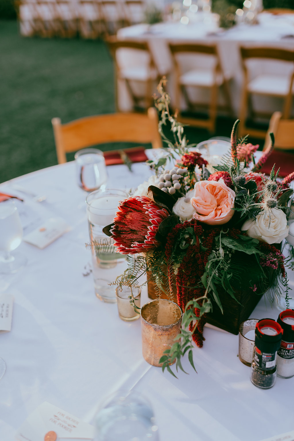 Garden Lawn Wedding Reception Decor, Wild Organic Red/Burgundy, Blush Pink, Ivory and Greenery Low Floral Centerpiece