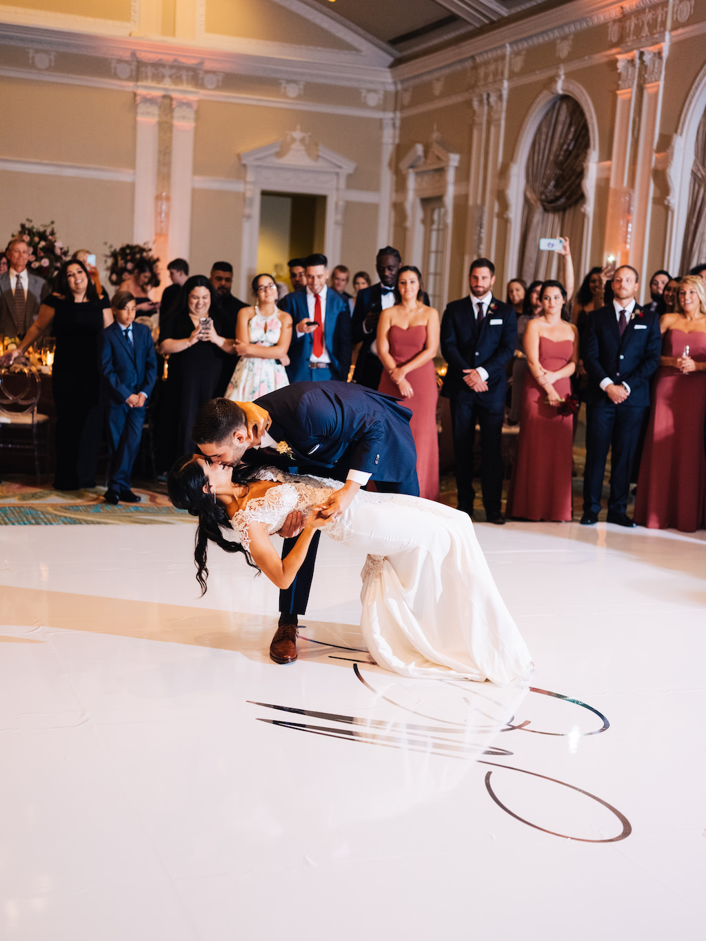 Bride and Groom Kevin Keirmair, Professional Tampa Bay Rays Baseball Player, Wedding Reception Ballroom First Dance Portrait, White Dance Floor with Silver Monogram | St. Petersburg Hotel Wedding Venue The Vinoy Renaissance | Tampa Bay Wedding Planner Parties A'la Carte