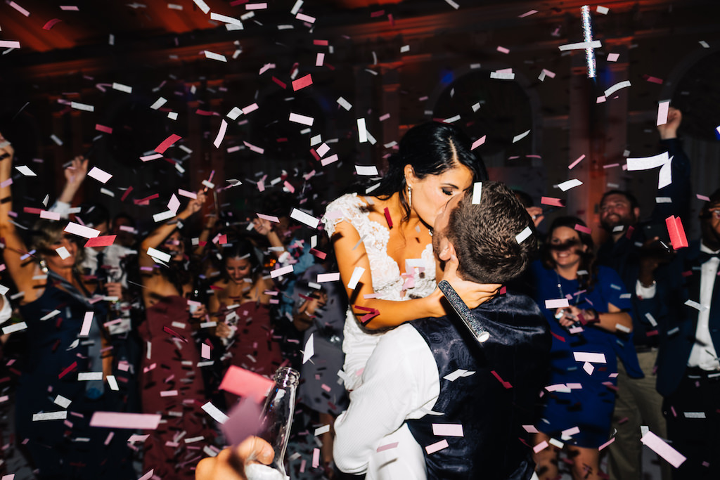 Bride and Groom Kevin Keirmaier, Professional Tampa Bay Rays Baseball Player, Wedding Reception Intimate Dancing Portrait with Confetti | Tampa Bay Wedding Planner Parties A'la Carte