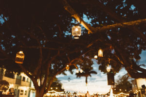 Outdoor Garden, Lawn Wedding Reception Decor Hanging Lanterns from Trees