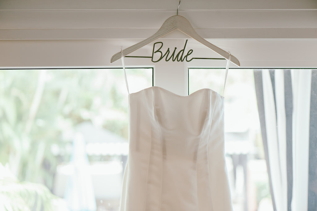 Strapless Sweetheart Satin Wedding Dress on Custom White Wire Hanger