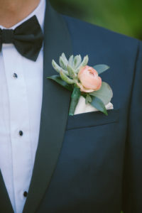 Groom Florida Wedding Portrait in Navy Blue Tuxedo and Blush Pink and Succulent Boutonniere | Tampa Bay Photographer Kera Photography