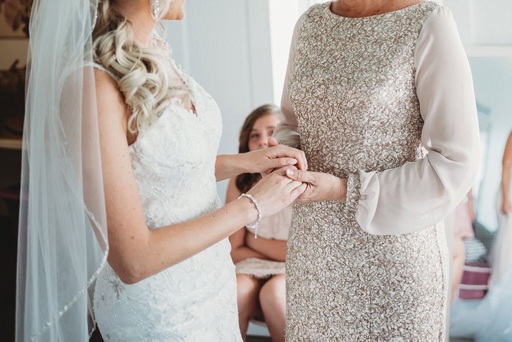 Bride and Mother Getting Ready Wedding Portrait, Bride in Floral Lace Embellished and Rhinestone Wedding Dress with Straps | Tampa Bay Wedding Dress Shop Truly Forever Bridal