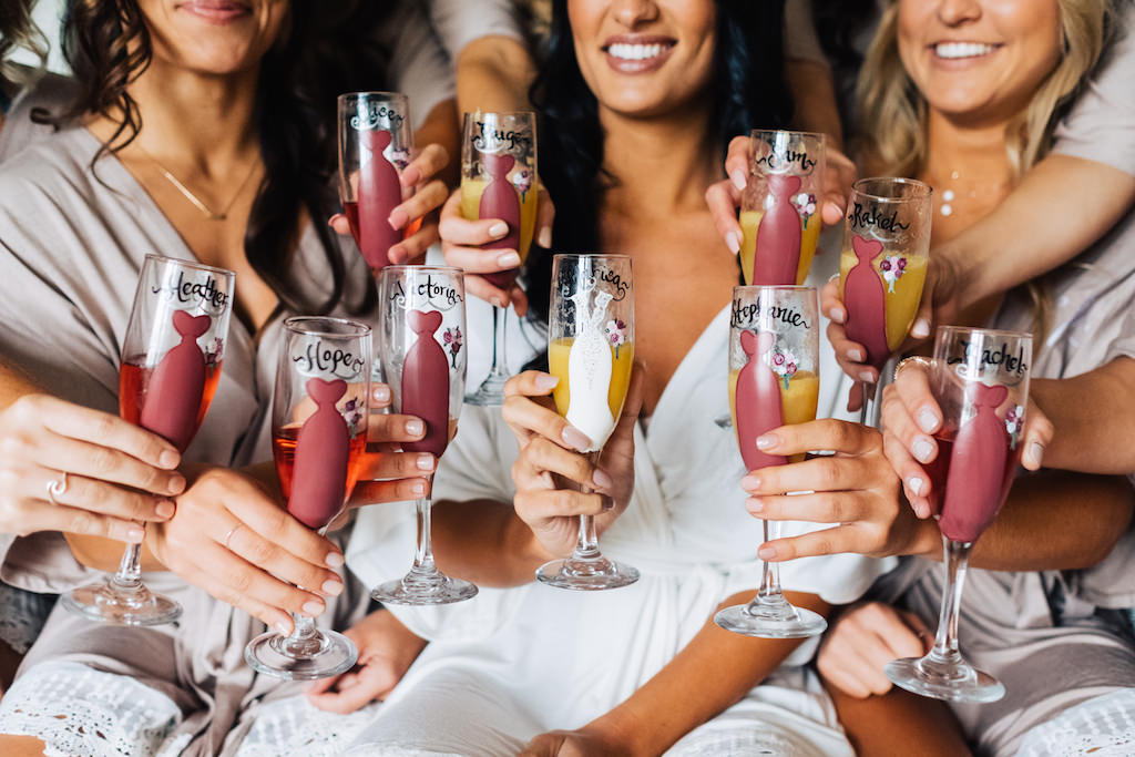 Tampa Bay Bride and Bridesmaids Getting Ready Wedding Portrait with Personalized Champagne Flutes